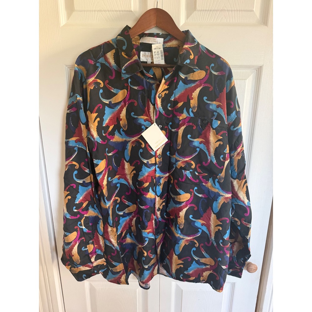 Porcini Brigata Mens XL Sandwashed Silk Abstract Paisley Button Down Shirt NEW - Picture 11 of 11